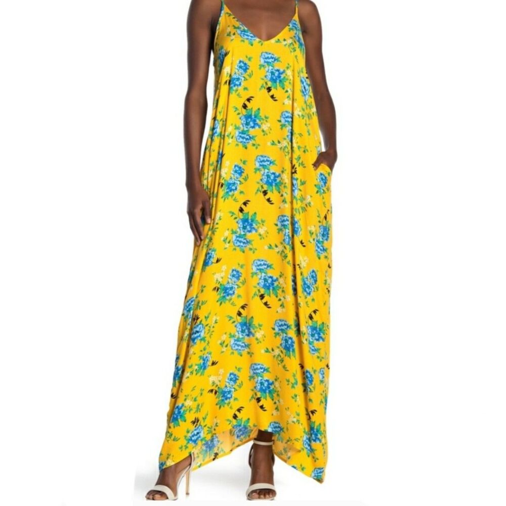 Love Stitch Floral Maxi Dress S M Yellow Gauze Boho Tiered Pocket Vacation Cami - Picture 10 of 10